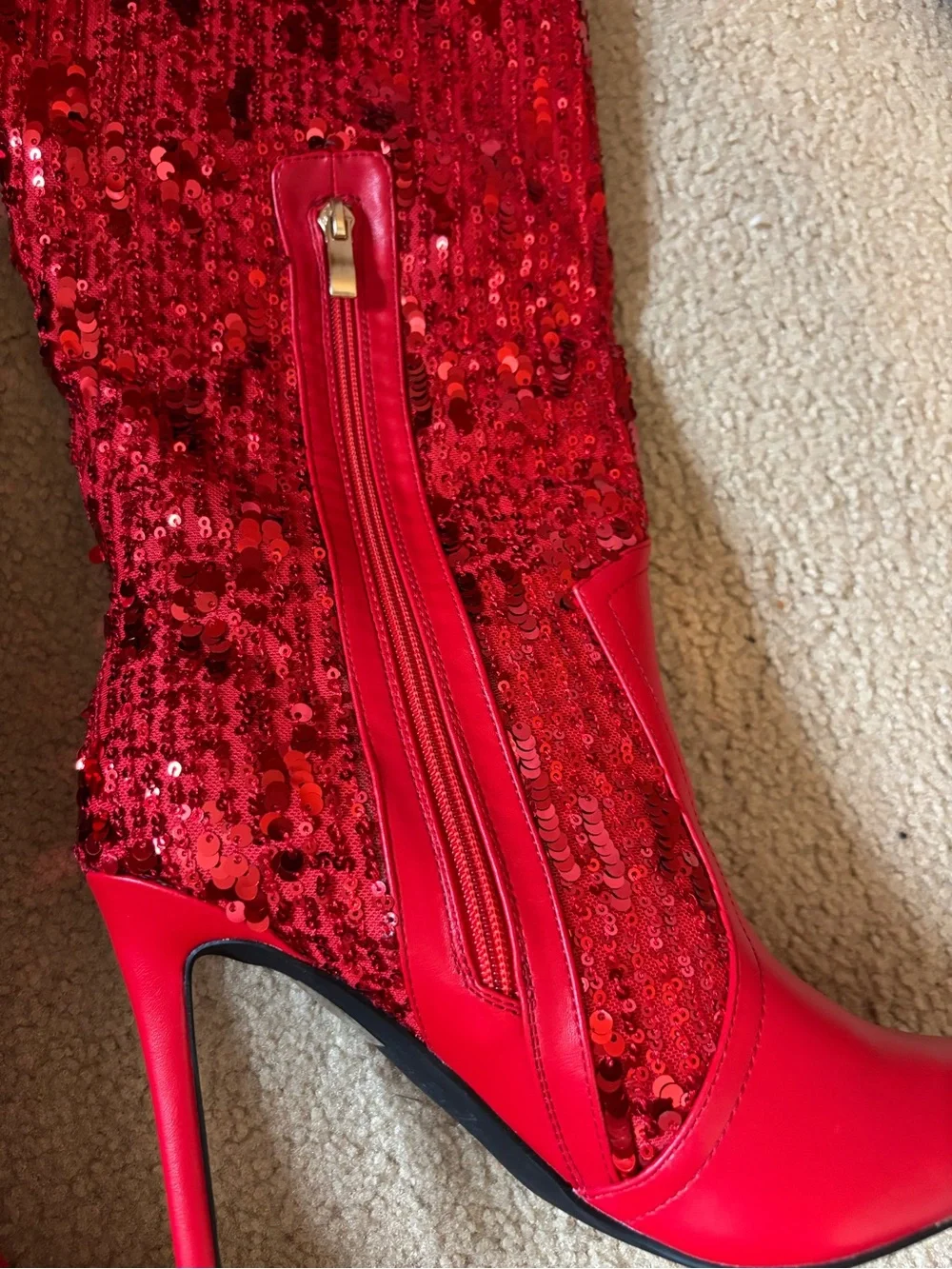 Red Sequin Over-the-Knee Stiletto Boots